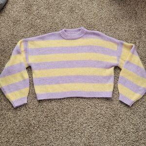 Topshop Sweater Striped Purple Lilac Lavender Yellow Crew Neck Size Small